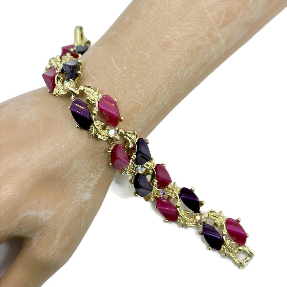 Vintage Thermoset Lucite Bracelet: Pink, Purple, AB Rhinestones, Gold Tone